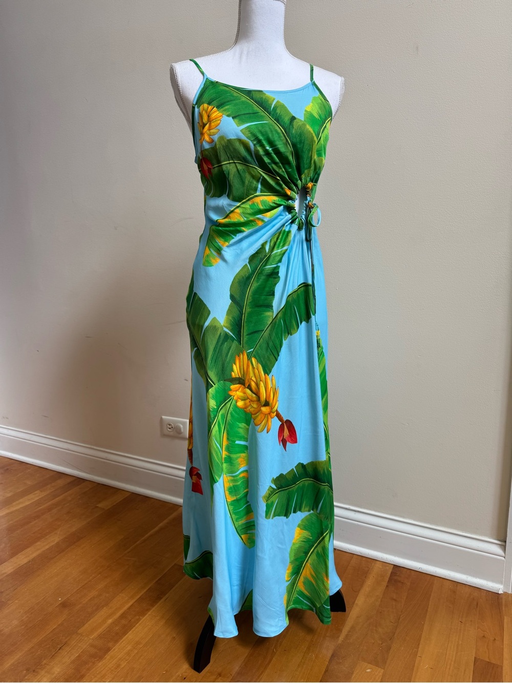 FARM Rio Blue Bananas Dress with Palm Print and Ring Detail, NWT, Size Small - Picture 2 of 7